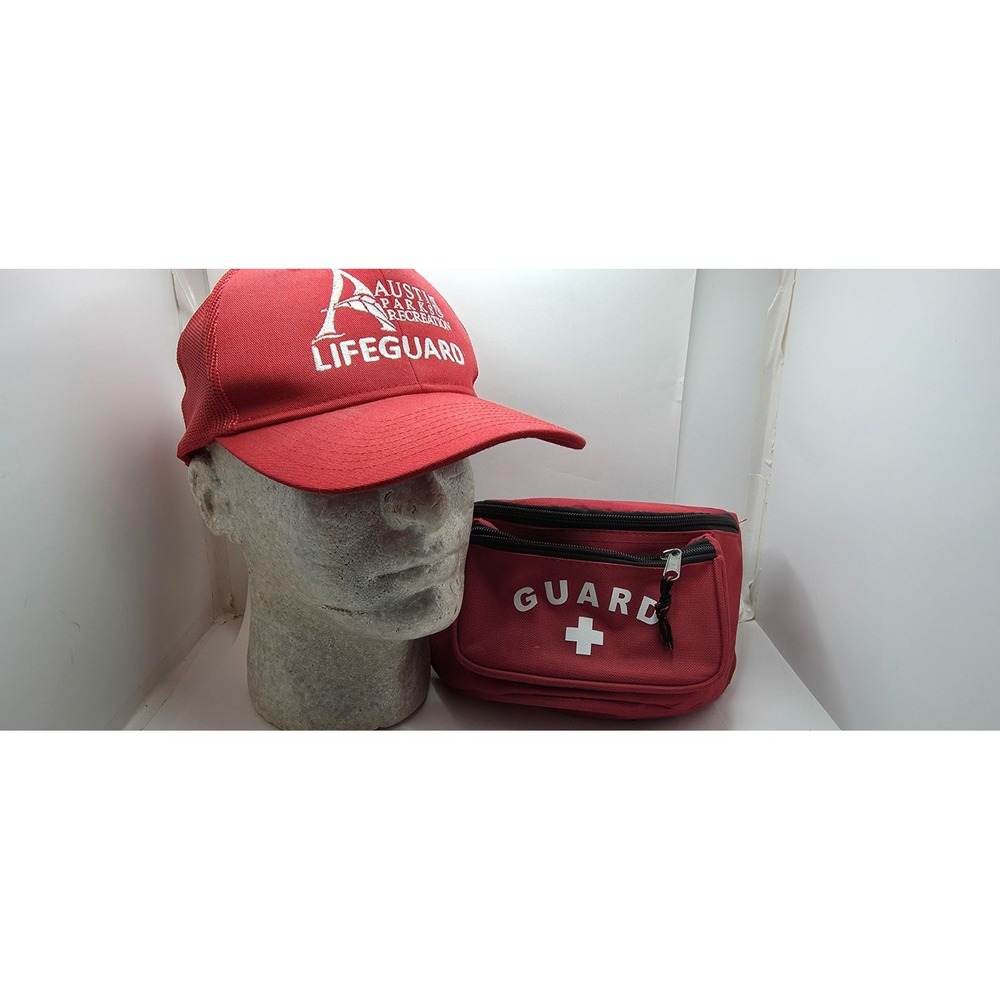Austin Parks & Recreation Lifeguard Hat and Guard Fanny Pack Set Red